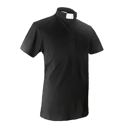 IvyRobes Men's Tab Collar Clergy Polo Shirts Short Sleeves Black