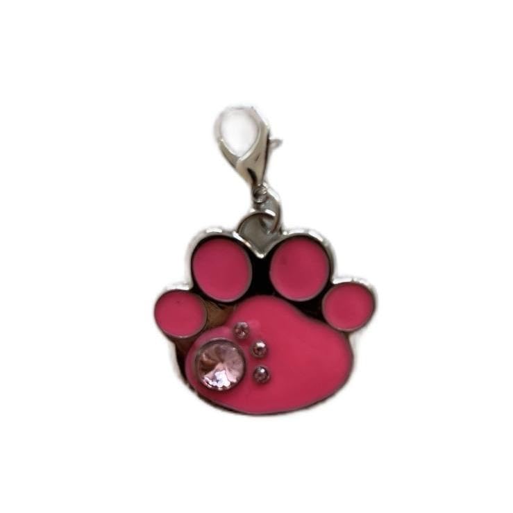 Wooffings Dog Collar Charm – Paw Print Tag with Sparkling Coloured Gemstone – Clip-On Accessory for Dogs, Puppies, Collars, Harnesses & Keyrings (Pink)