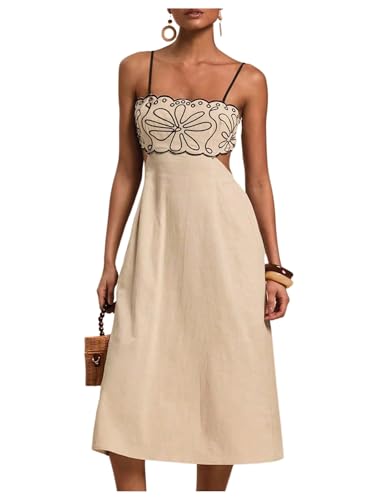 SOLY HUX Women's Midi Dress Embroidery Spaghetti Strap Cut Out A Line Flared Summer Cami Dresses