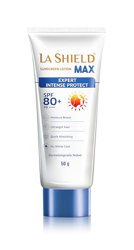Image of La Shield Max SPF 80+ Sunscreen Lotion | PA++++ | Intense sun protection | For Highly sensitive skin | Moisture Boost Formula | Lightweight | Hydrating Sunscreen | Dermatologist Prescribed | For Men & Women | 50gm