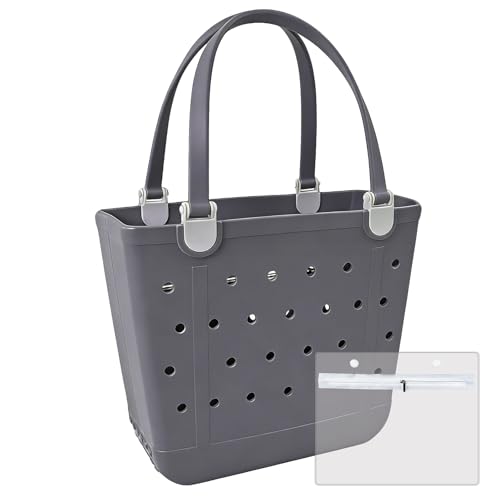 Juyeesm Medium Beach Bag, Waterproof Rubber Beach Bag, Washable Open Tote Bag Durable Tote Travel Bags for Outdoor Sport (Advanced Grey, Medium(14.5 * 12.8 * 6in))