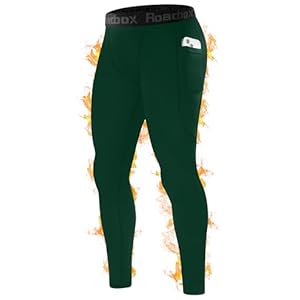 Roadbox Thermal Compression Pants Men, Sports Workout Fleece Lined Leggings, Football Running Base Layer Tights with Pocket