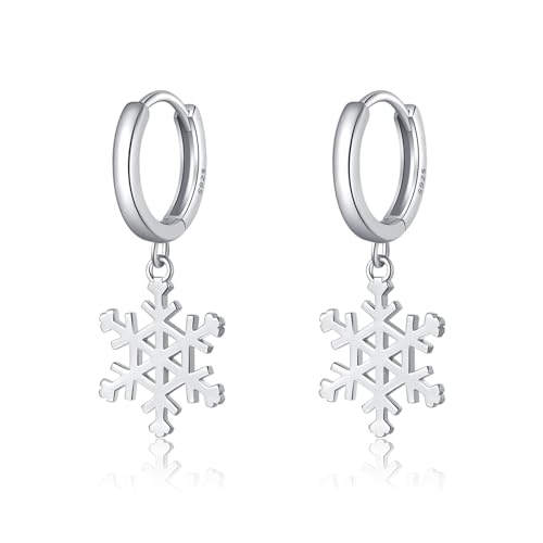 SLUYNZ Solid 925 Sterling Silver Snowflake Hoop Earrings for Women Teens Frozen Flower Hoop Earrings Winter Christmas Earrings