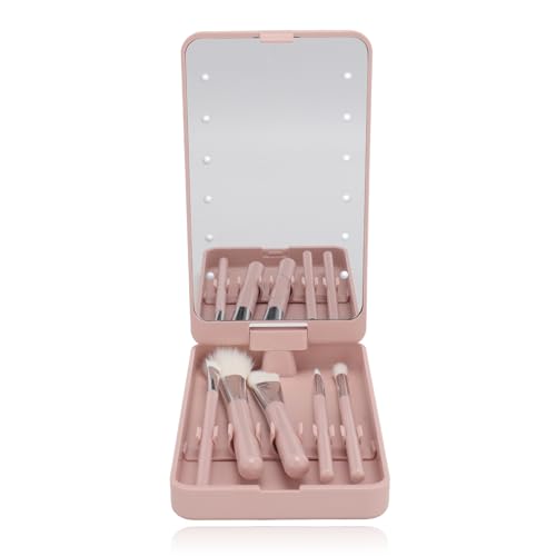 Travel Size Makeup Brushes Mini Set including Case, Light, Mirror, 5 Pcs Small Cosmetic Brushes