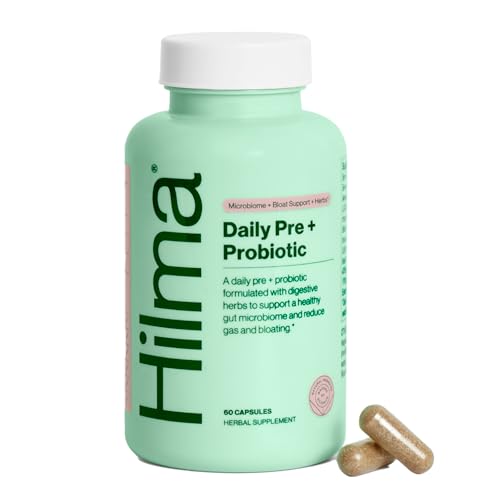 Image of Hilma Pre and Probiotic with Herbs, 60 Vegan Capsules | Herbal Digestive Support, Prebiotics and Probiotics, Chicory Inulin, Ginger, Ajwain, Gas and Bloating Relief for Women & Men