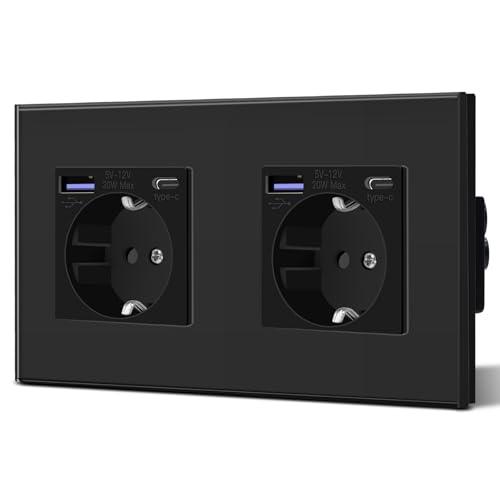 BSEED Enchufe Doble Pared con 20W USB y Tipo C,Enchufe USB C de Cristal,Carga Rápida,3 en 1，Fácil Instalación,2 Enchufes,157mm Negro