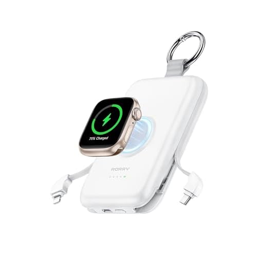 RORRY Portable Charger, 10000mAh PD 20W Fast Charging Portable Charger Power Bank with Built in Cables, Travel Battery Pack for iPhone 17/16/15/14/13/12 and Apple Watch Ultra/11/10/9/8/7/6/5