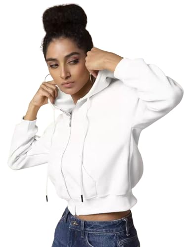Image of Rabboni Women's Crop Fleece Hoodie Jacket | Full Sleeve Zip-Up Hooded Sweatshirt for Women & Girls | Soft Warm Casual Winter Wear Crop Hoodie