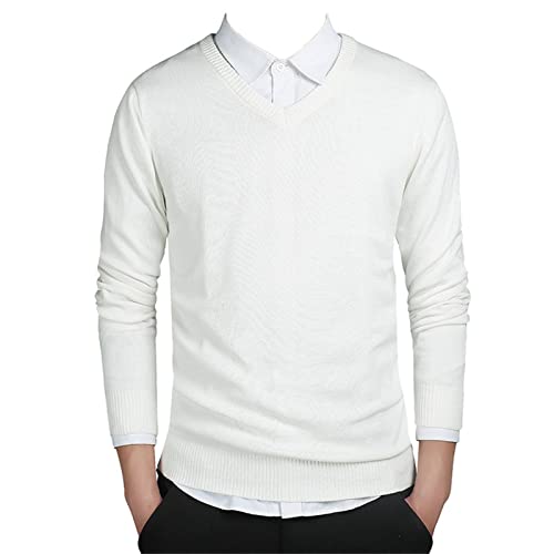 Men's Long Sleeve V-Neck Sweater Winter Middleweight Basic Knitted Pullover Top Cotton Casual Slim Fit Jumper (White,X-Large)
