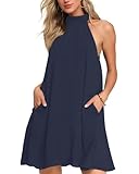 AUSELILY Womens Summer Dress Sleeveless Halter Neck Beach Dress Casual Sundresses with Pockets Navy Blue M