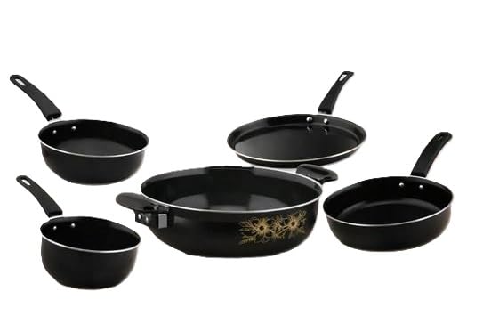 Image of 5 Piece Non Stick Cookware Set Kadai Frypan Saucepan Cast Iron Kitchen Gas Induction Compatible Durable Use Set Black Free Size