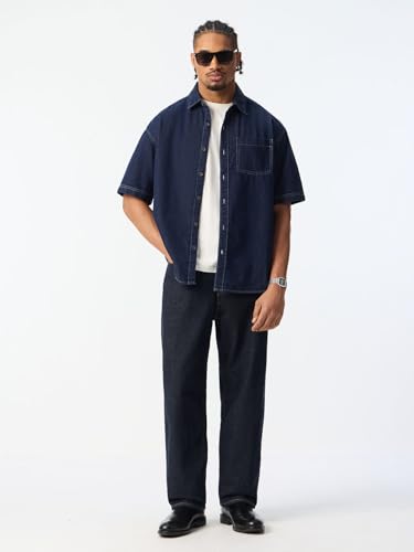 Image of The Souled Store Denim Shirt: Regal Men and Boys Short Sleeve Spread Collar Dark Blue Solid Cotton Lightweight Basic Everyday Office Wear Easy to Style Drop Shoulder Streetwear Casual Oversized Shirt