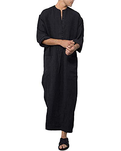Jacansi Men's Button up Cotton Robe Long Sleeve Kaftan Thobe Long Gown Casual Shirt for Beach2