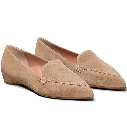 Image of LEHOOR Women Casual Slip On Loafer Flats Shoes Beige Pointed Toe Suede Penny Loafers Closed Pointy Toe Flat Heel Driver Coach Office Loafers Oxfords Pumps Dressy Comfort Fall Retro Suede Beige 7.5