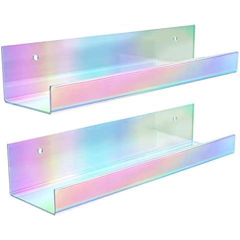 WenYa 2 Pack Rainbow Acrylic Floating Shelf for Wall, 38cm Acrylic Floating Wall Shelves No Drill, Wall Clear Display Shelves Storage Rack for Bathroom Living Room Kitchen and Office Cover