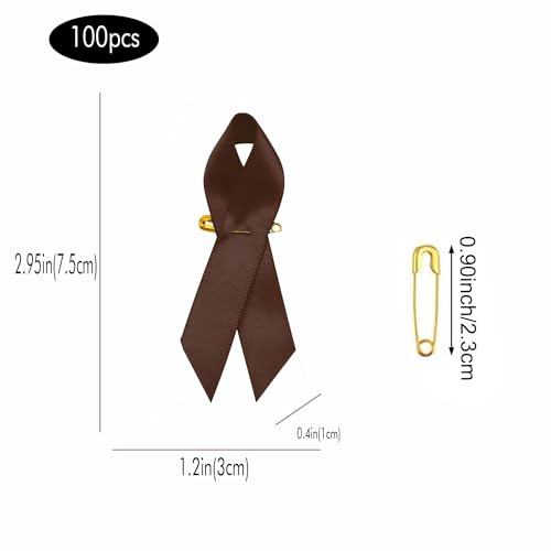 Image of 100pcs Brown Ribbon Satin Pins, Cancer Awareness Ribbon Pins Hope Faith Awareness Brooch for Party Event Supplies Clothing Decoration, 7.5cm
