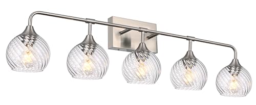 Image of MELUCEE 5-Light Bathroom Lights Over Mirror in Brushed Nickel Finish, Modern Vanity Lights with Clear Striped Swirl Glass Shade Indoor Metal Wall Light Fixtures for Kitchen Powder Room Foyer