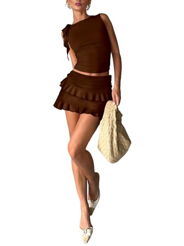 Image of 2 Piece Sets for Women Y2k Going Out Ruffle Trim Ruched Tank Top And High Waist Skirt Set Club Mini Dress