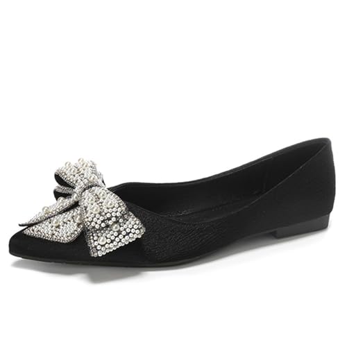 Women's Rhinestone Bow-Knot Ballet Flats Fashion Pointed Toe Slip-On Soft Bottom Low Block Heel Dress Shoes Lightweight Non-Slip Mom Nurse Walking Shoes