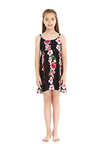 Girl Hawaiian Classic Empire Dress with Elastic Strap in Pink White Hibiscus Vine4