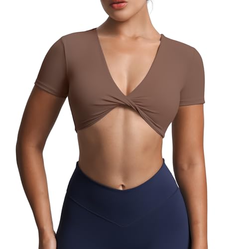 Image of Aoxjox Short Sleeve Crop Tops for Women Sienna Twist Deep V Workout Cropped T Shirt Top (Fudge Coffee, Small)