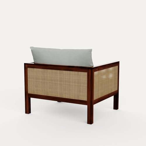 Image of OCTANGLE Sheesham Wood Rattan 1 Seater Sofa for Livingroom - Wooden Sofa Set for Home with White Cushion - Handcrafted Livingroom Sofa Furniture (Honey Finish)