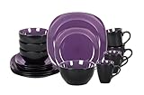 HomeVss, Stoneware Square 16pc Dinnerware Set, Inside Shiny Purple and Outside Matte Black