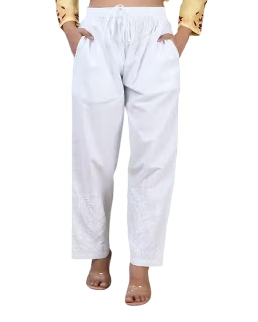 Women's White Cotton Palazzo Pants with Chikankari Embroidery, Elastic Drawstring Waist, Side Pockets-picture-29
