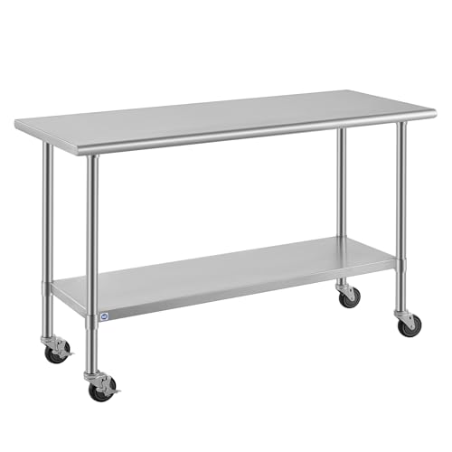 Image of ROCKPOINT All Stainless Steel Prep Table with Caster 24x60 Inch, Commercial Heavy Duty Workbench with Stainless Legs & Adjustable Undershelf, 850 lb Capacity for Outdoor Kitchens with Wheel