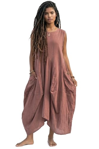 Image of Thaluta Women's Boho Cotton Sleeveless Dress Casual Loose Fit Maxi Dress with Big Pockets Fair Trade Light Summer Sundress