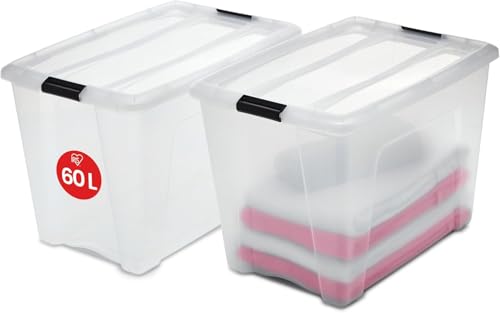 Iris Ohyama, Boite Rangement Plastique avec Couvercle, 60L, Lot de 2, Transparent, Clips de Fermeture, Poignée, Empilable, Organisation Solide & Durable, pour...