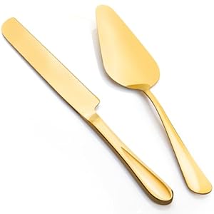 2-Piece Premium Cake Cutting Set, Exquisite Knife and Server with Serrated Design, Includes Cake Knife and Pie Spatula for Pastry, Pizza and Desserts (Gold)
