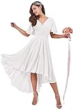 Generic Frauen V Ausschnitt Chiffon Brautjungfer Kleider 2022 High Low Falten Formales Abendkleid Flatterärmel Partykleid mit Taschen