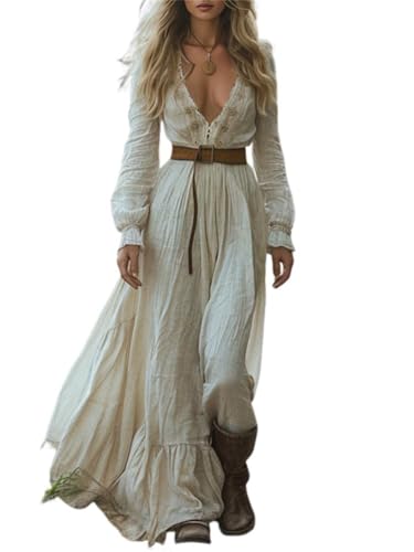 ORANDESIGNE Damen Langes Boho Kleid Vintage Rustikaler Stil V-Ausschnitt Kleid mit Blumenmuster Lässiges Maxikleid Frühling Langarm Blumenkleid...