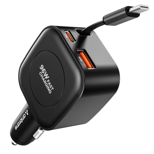 Image of Ambrane 96W Car Charger with InBuilt Retractable Cable, 3-in-1 Car Charger, 33W Type C PD, 30W USB For iPhone, Macbook Air, Android, Earbuds, Other Devices, PD & PPS Fast Charging (Charge CR96, Black)