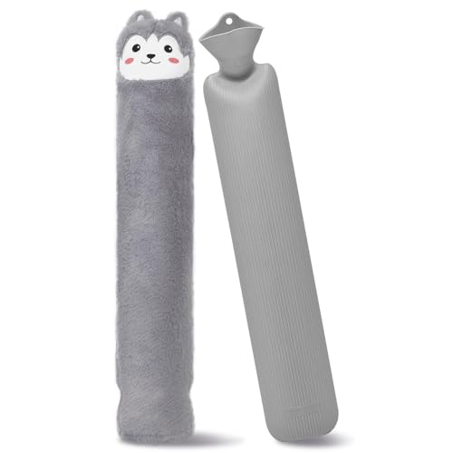 Lange Wärmflasche mit Bezug, 2L 60cm Groß Nackenwärmflasche mit Bezug Flauschig Hot Water Bottle Bettflasche zu Hitze auch Kühlen für Nacken, Schulter, Unterleib, Rücken, Frauen Männer Grau