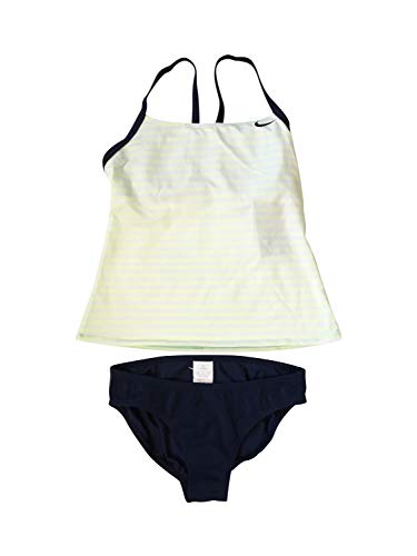 Nike Womens Laser Sport Tankini Top & Bottom 2-Piece Swimsuit Athletic Swim Suits (Small, Neon Wht NVY Swoosh)