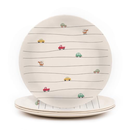 Nook Theory 4 Pack Reusable Bamboo Plates - Non-Toxic Plate, Dishwasher Safe, Not Microwavable Dinnerware (Vroom 8")