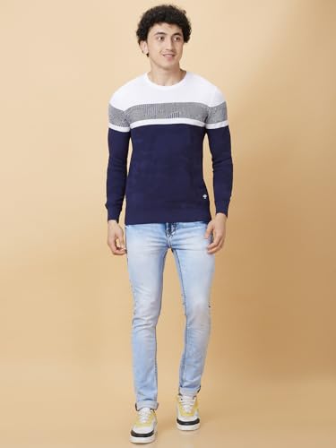 Image of Being Human Colourblocked Navy Blue Round Neck Sweater