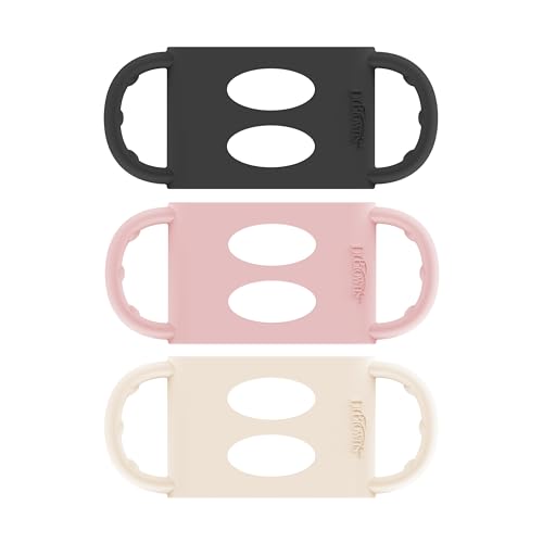 Image of Dr. Brown's Wide-Neck Baby Bottle Handles, 100% Silicone, Easy Grip Removable Handles for Bottle to Sippy Cup Transition, Black/Ecru/Pink, 3-Pack, 4m+