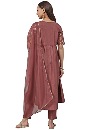 Image of Janasya Women's Brown Poly Silk Foil Print Kurta with Pant and Dupatta
