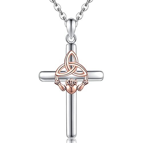 Celtic Cross Necklace 925 Sterling Silver Claddagh Celtic Knot Pendant Necklace for Women Dainty Two-Tone Christian Claddagh Celtic Trinity Knot Cross Necklace For Women