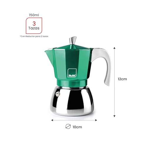 IBILI - Elba Green espresso machine, 3 cups, 150 ml, cast aluminium, stainless steel base, with reducer for 2 cups, suitable for induction