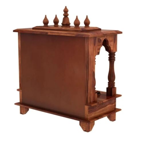 Image of Wall Mounted Solid Sheesham Wood Puja Mandir for Home Solid Wooden Temple for Puja Room with 2 Drawer Storage Pooja Ghar Wooden Furniture for Pooja Room Sheesham Wood, Honey Finish (Honey, 2 Drawers)
