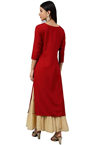 Image of Janasya Women's Maroon Rayon Solid Straight Kurta