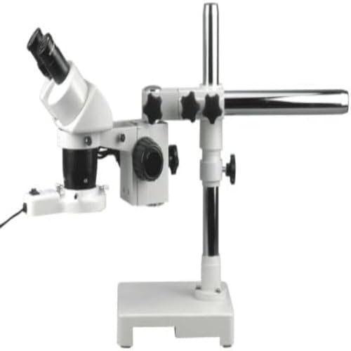 Image of AmScope SW-3B13Z-FRL Binocular Stereo Microscope, WH10x Eyepieces, 10X /20X /30X /60X Magnification, 1X /3X Objective, Single-Arm Boom Stand, 8W Fluorescent Ring Light, 110V-120V, Includes 2.0x Barlow Lens
