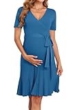V FOR CITY Blue Maternity Dress Bodycon Dresses for Women Casual Pleated A Line Waistband Short Sleeve V Neck Knit Summer Navy Blue Medium