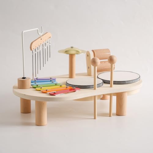 6 In 1 Kinder Trommel Set, Schlagzeug Aus Holz, Musiktisch Mit Xylophon Windspiel, Baby Montessori Schlaginstrumente Spielzeug Ab 1 Jahre, Geschenk, B