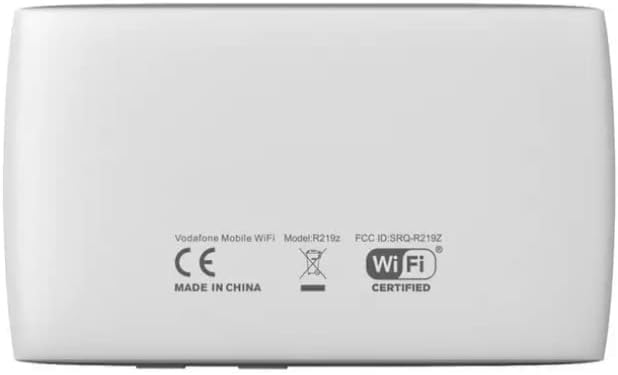 Enrere view of ZTE Vodafone 4G Mobile Broadband Hotspot showing product label with model number R219z and FCC ID.