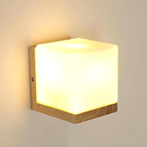Toolight Wooden Wall Light Indoor, E27 Wall Lamp Square with Glass Lampshade, Creative Wood Wall Lighting Fixtures for Living Room Bedroom Hallway Stairs (Bulb not Included)